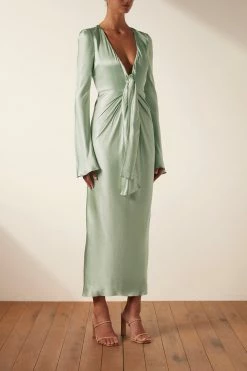 Shona Joy FELICITY PLUNGED TIE FRONT MIDI DRESS - THYME DRESSES