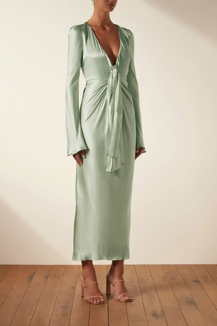 Shona Joy FELICITY PLUNGED TIE FRONT MIDI DRESS - THYME DRESSES