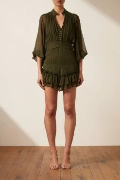 Shona Joy SAFIRA BUTTON UP RUCHED MINI DRESS - OLIVE