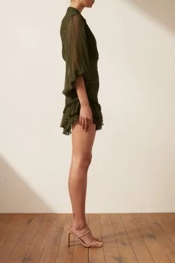 Shona Joy SAFIRA BUTTON UP RUCHED MINI DRESS - OLIVE