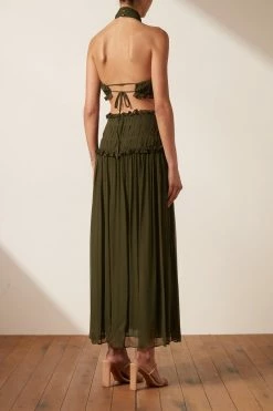 Shona Joy SAFIRA HIGH NECK CUT OUT MIDI DRESS - OLIVE