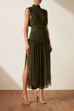 Shona Joy SAFIRA SLEEVELESS OPEN BACK MIDI DRESS - OLIVE DRESSES