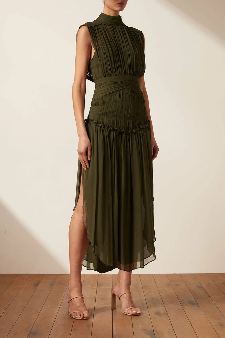 Shona Joy SAFIRA SLEEVELESS OPEN BACK MIDI DRESS - OLIVE DRESSES