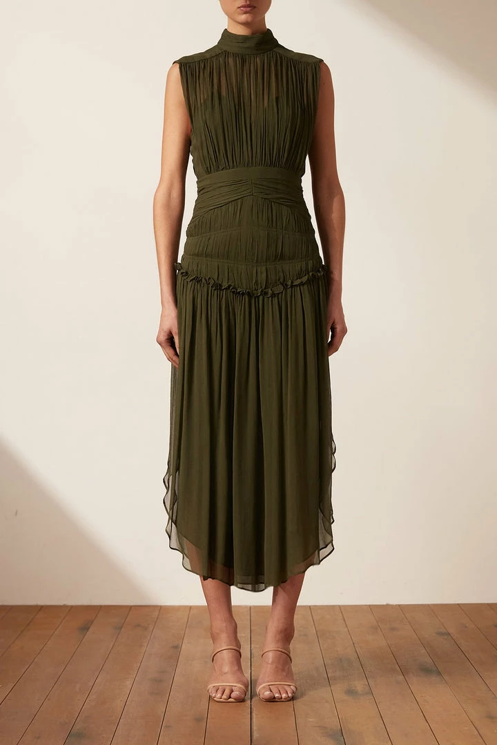 Shona Joy SAFIRA SLEEVELESS OPEN BACK MIDI DRESS - OLIVE DRESSES