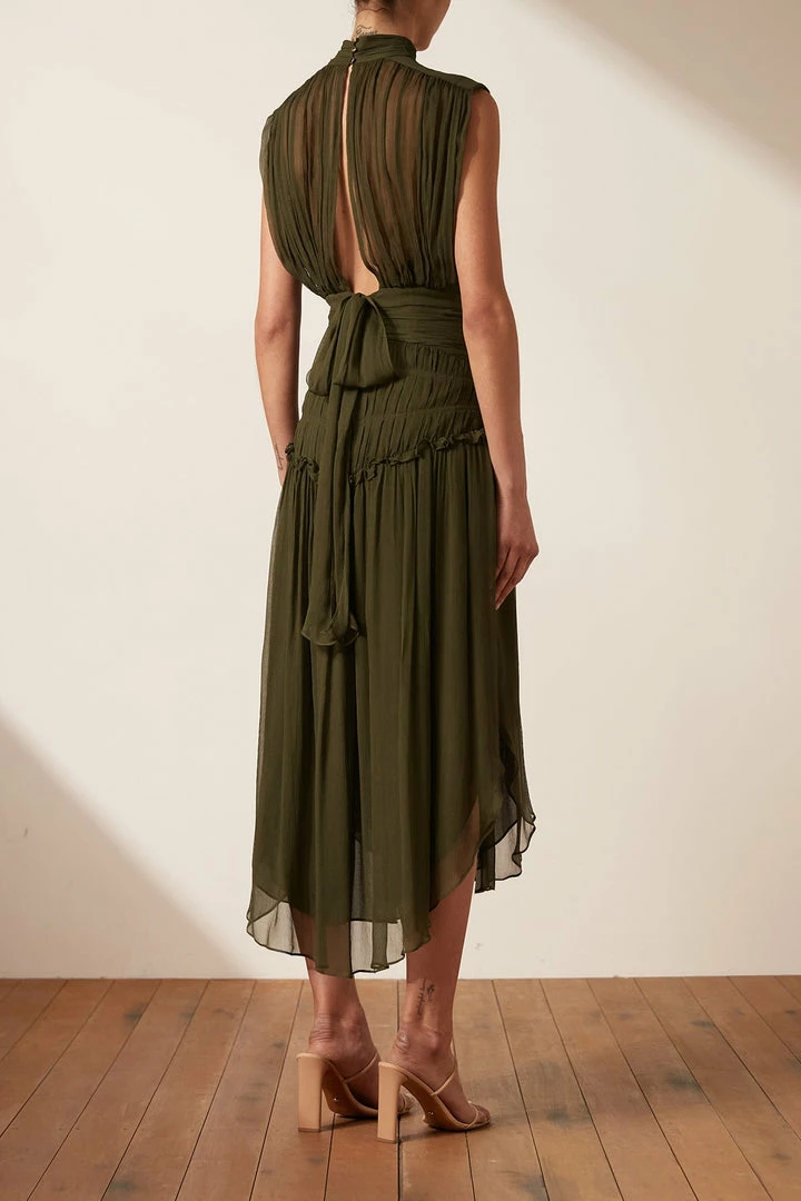 Shona Joy SAFIRA SLEEVELESS OPEN BACK MIDI DRESS - OLIVE DRESSES