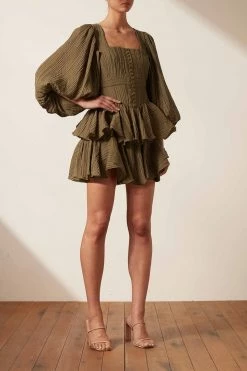 Shona Joy MILA SQUARE NECK MINI DRESS - CUMIN