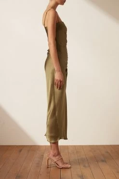 Shona Joy THALIA BIAS RUCHED MIDI DRESS - CUMIN