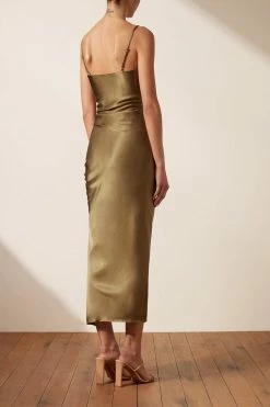 Shona Joy THALIA BIAS RUCHED MIDI DRESS - CUMIN
