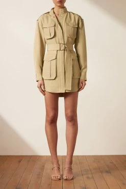 Shona Joy MATILDA LINEN LONG SLEEVE UTILITY MINI DRESS - WHEAT DRESSES
