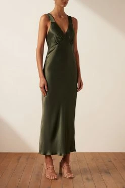 Shona Joy GIORGIA PLUNGED MIDI DRESS - FOREST DRESSES