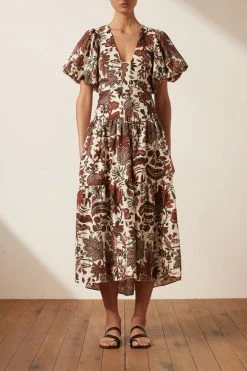 Shona Joy CATALINA PLUNGED SHORT SLEEVE MIDI DRESS