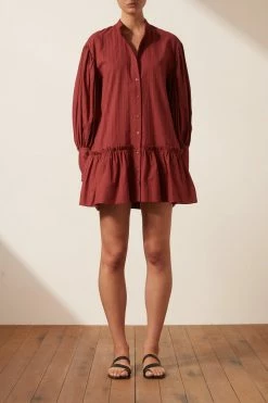 Shona Joy ELLA BALLOON SLEEVE SHIRT MINI DRESS - SANGRIA DRESSES