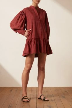 Shona Joy ELLA BALLOON SLEEVE SHIRT MINI DRESS - SANGRIA DRESSES