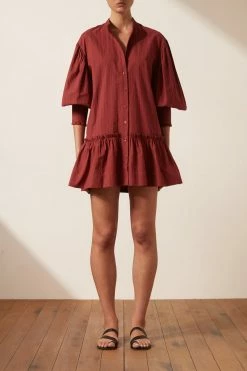 Shona Joy ELLA BALLOON SLEEVE SHIRT MINI DRESS - SANGRIA DRESSES