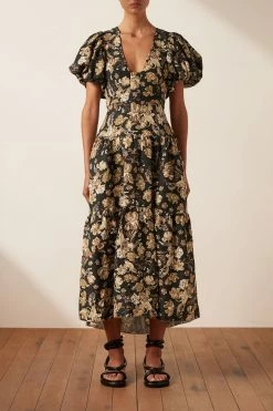 Shona Joy PALERMO LINEN PLUNGED SHORT SLEEVE MIDI DRESS DRESSES