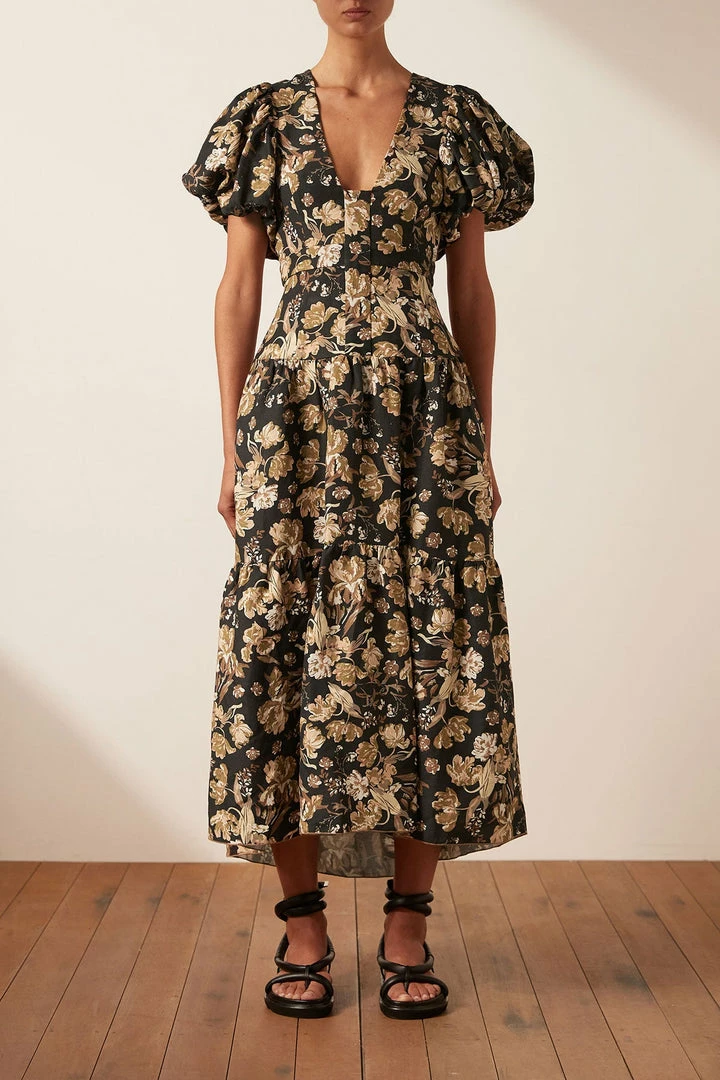 Shona Joy PALERMO LINEN PLUNGED SHORT SLEEVE MIDI DRESS DRESSES