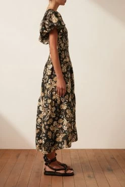 Shona Joy PALERMO LINEN PLUNGED SHORT SLEEVE MIDI DRESS DRESSES