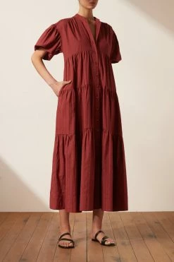 Shona Joy ELLA SHORT SLEEVE SHIRT MIDI DRESS - SANGRIA DRESSES