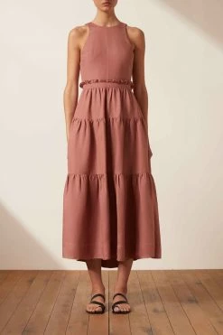 Shona Joy VEGA LINEN TIE BACK MIDI DRESS - ROSE DRESSES
