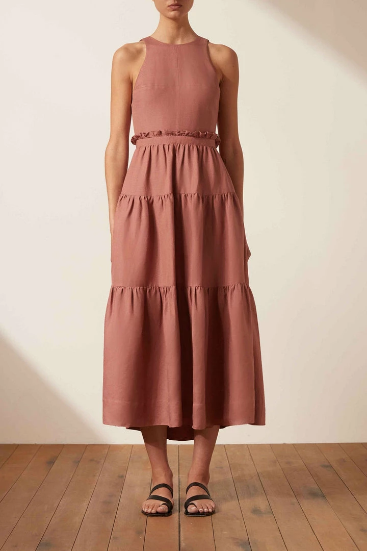 Shona Joy VEGA LINEN TIE BACK MIDI DRESS - ROSE DRESSES
