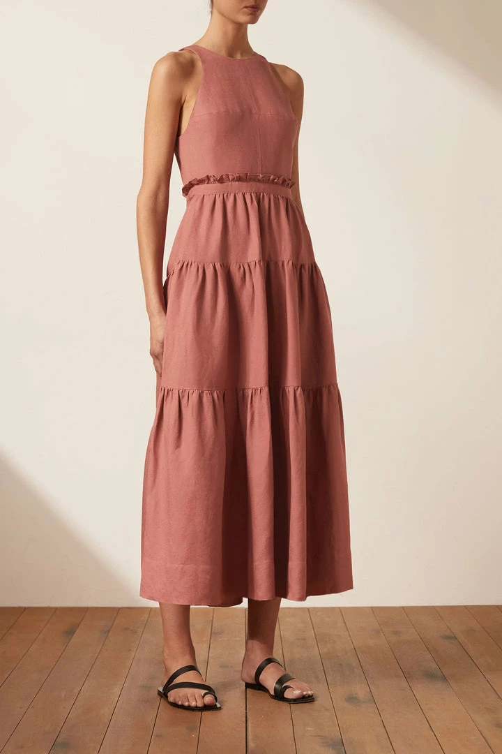 Shona Joy VEGA LINEN TIE BACK MIDI DRESS - ROSE DRESSES
