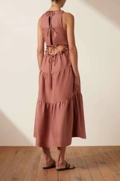 Shona Joy VEGA LINEN TIE BACK MIDI DRESS - ROSE DRESSES