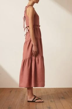Shona Joy VEGA LINEN TIE BACK MIDI DRESS - ROSE DRESSES