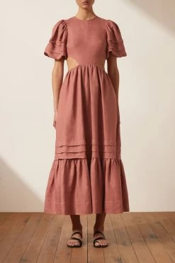 Shona Joy VEGA LINEN CUT OUT OPEN BACK MIDI DRESS - ROSE