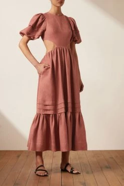 Shona Joy VEGA LINEN CUT OUT OPEN BACK MIDI DRESS - ROSE