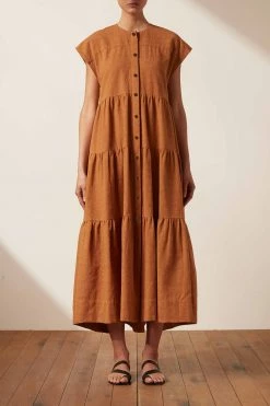 Shona Joy PRISCILA SHORT SLEEVE TIERED UTILITY MIDI DRESS - TURMERIC DRESSES