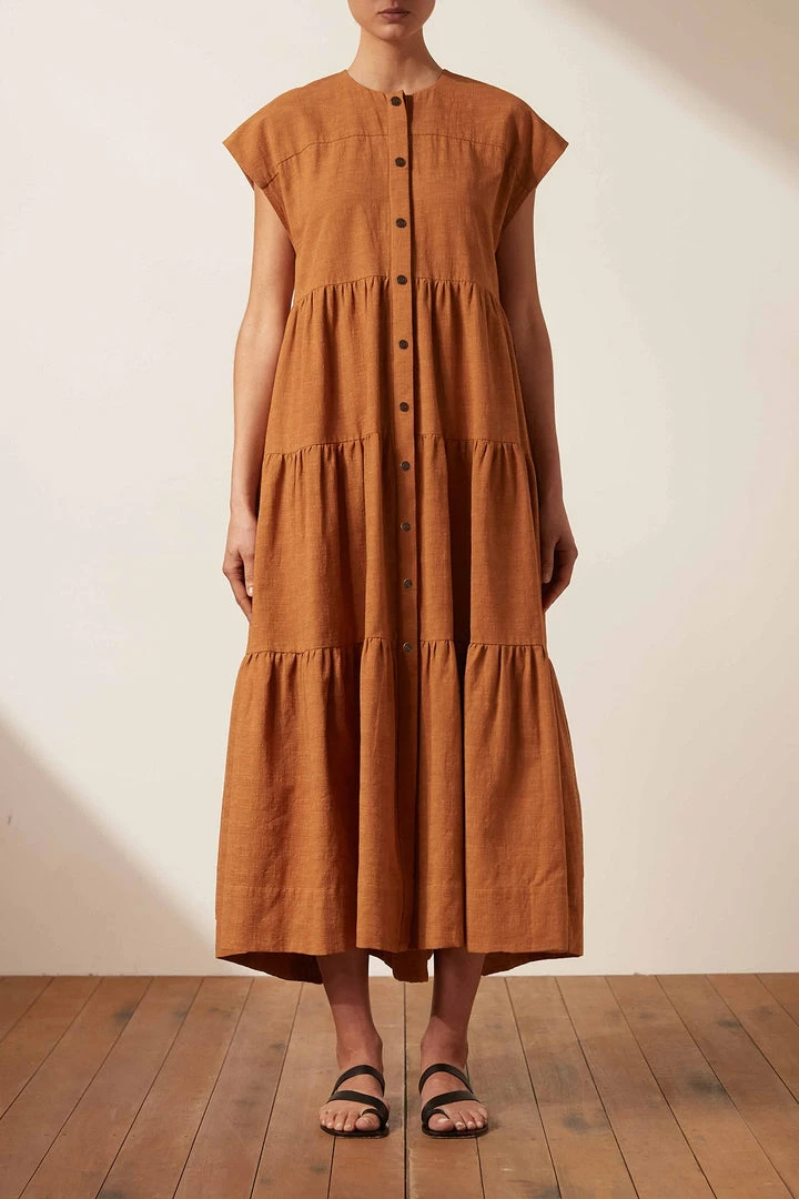 Shona Joy PRISCILA SHORT SLEEVE TIERED UTILITY MIDI DRESS - TURMERIC DRESSES