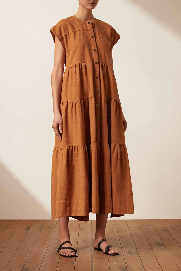 Shona Joy PRISCILA SHORT SLEEVE TIERED UTILITY MIDI DRESS - TURMERIC DRESSES