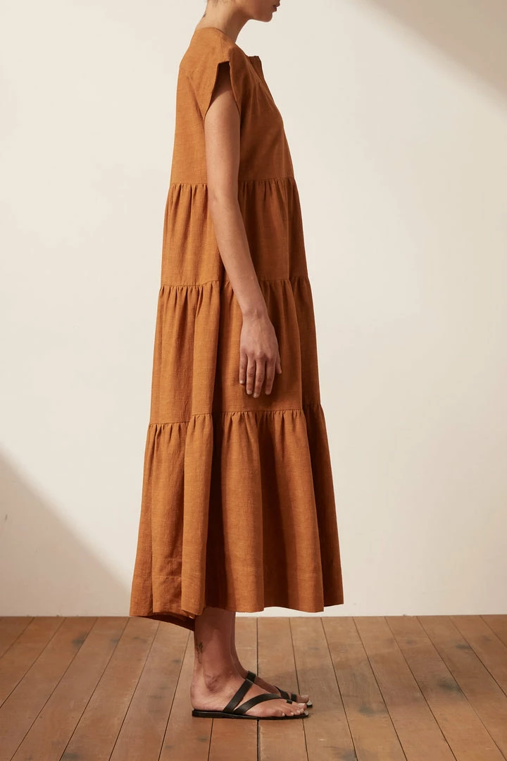 Shona Joy PRISCILA SHORT SLEEVE TIERED UTILITY MIDI DRESS - TURMERIC DRESSES