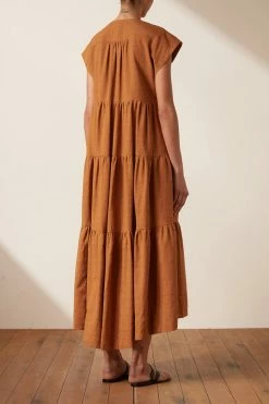 Shona Joy PRISCILA SHORT SLEEVE TIERED UTILITY MIDI DRESS - TURMERIC DRESSES