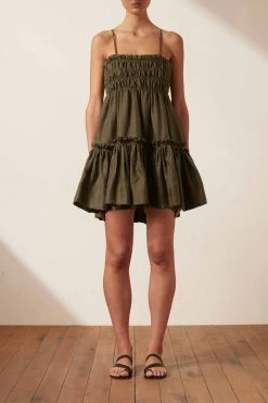 Shona Joy BRUNA LINEN SHIRRED TIERED MINI DRESS - FOREST