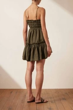 Shona Joy BRUNA LINEN SHIRRED TIERED MINI DRESS - FOREST