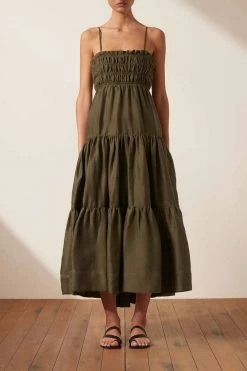 Shona Joy BRUNA LINEN OPEN BACK SHIRRED MIDI DRESS - FOREST DRESSES