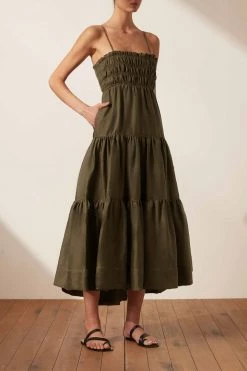 Shona Joy BRUNA LINEN OPEN BACK SHIRRED MIDI DRESS - FOREST DRESSES