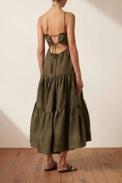 Shona Joy BRUNA LINEN OPEN BACK SHIRRED MIDI DRESS - FOREST DRESSES