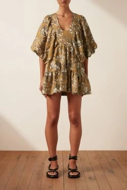 Shona Joy DRESSES CECILIA LINEN PLUNGED BALLOON SLEEVE MINI DRESS