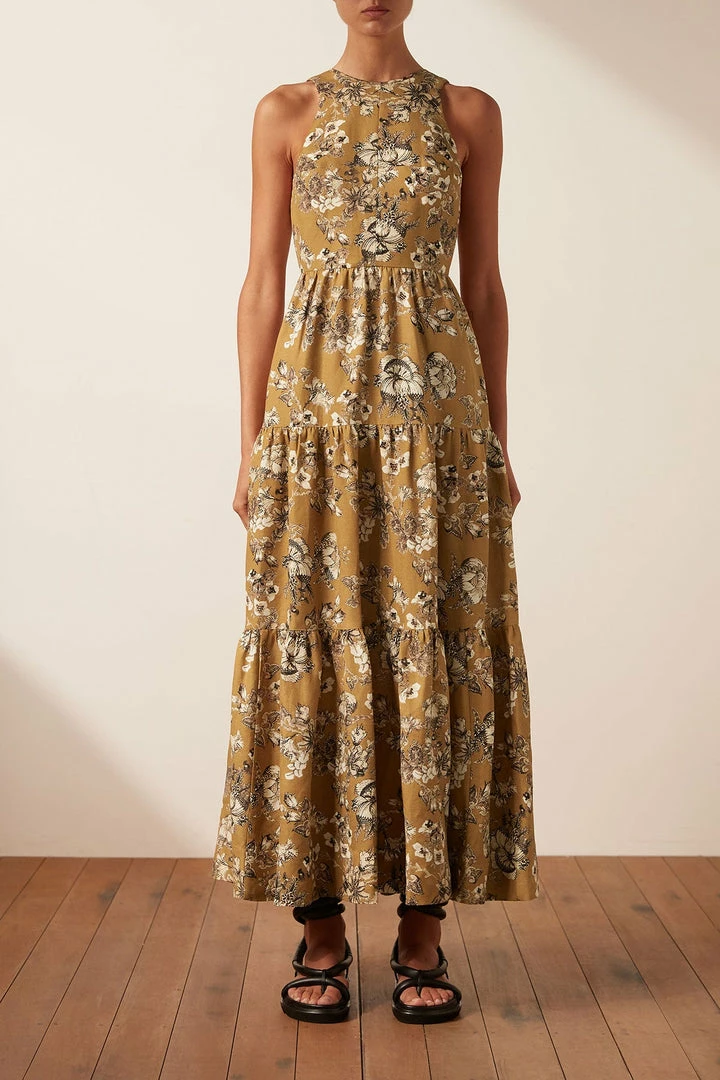 Shona Joy CECILIA LINEN TIE BACK MIDI DRESS DRESSES