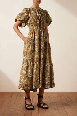 Shona Joy CECILIA LINEN TIE FRONT TIERED MIDI DRESS DRESSES