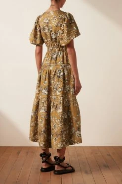 Shona Joy CECILIA LINEN TIE FRONT TIERED MIDI DRESS DRESSES