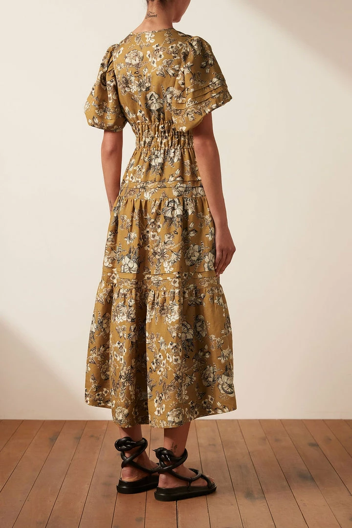 Shona Joy CECILIA LINEN TIE FRONT TIERED MIDI DRESS DRESSES