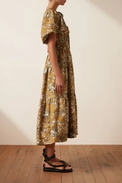 Shona Joy CECILIA LINEN TIE FRONT TIERED MIDI DRESS DRESSES