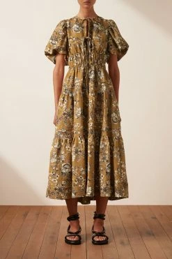 Shona Joy CECILIA LINEN TIE FRONT TIERED MIDI DRESS DRESSES