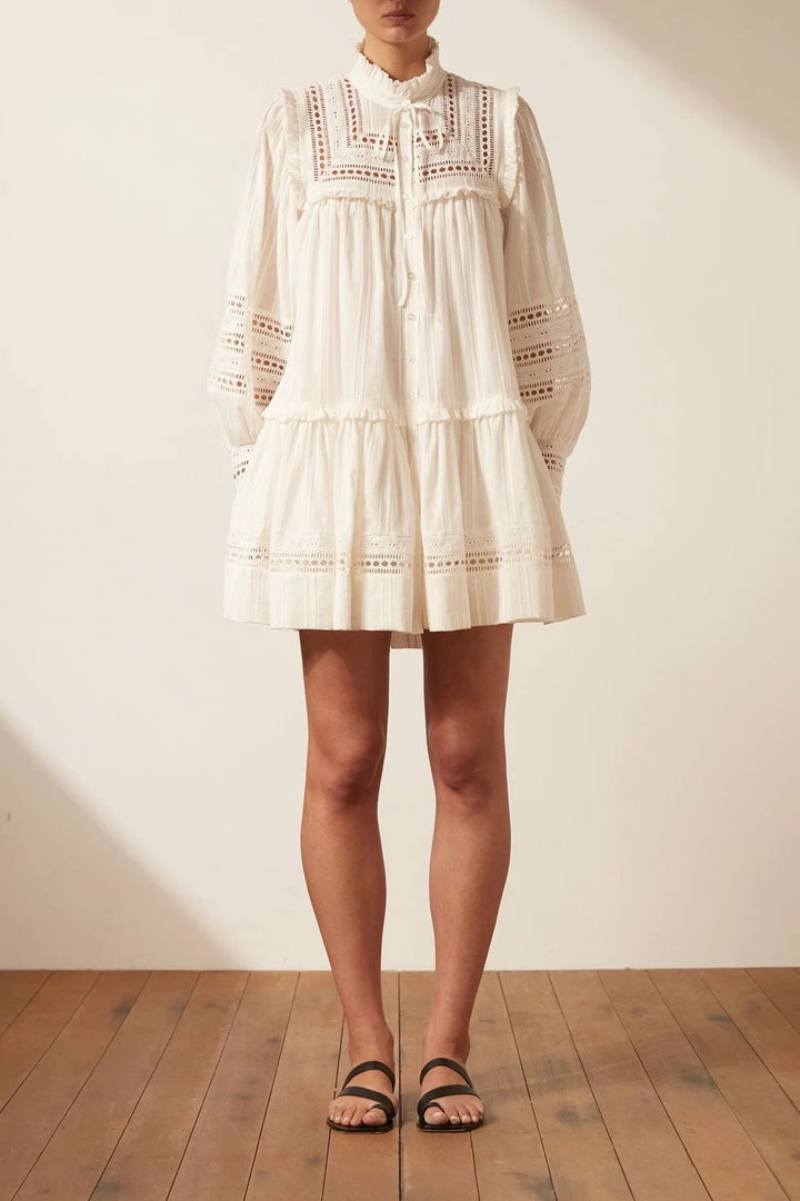 Shona Joy LUCIA BALLOON SLEEVE FRILL MINI DRESS - IVORY DRESSES