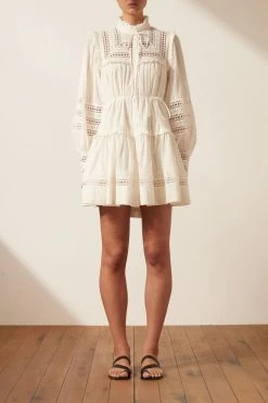 Shona Joy LUCIA BALLOON SLEEVE FRILL MINI DRESS - IVORY DRESSES