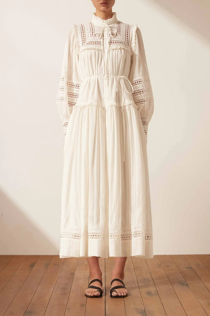 Shona Joy LUCIA BALLOON SLEEVE FRILL MIDI DRESS - IVORY DRESSES