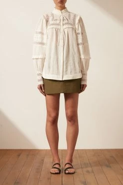Shona Joy LUCIA BALLOON SLEEVE FRILL SHIRT - IVORY